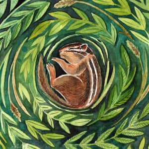 Day 23 of 25, Chipmunk: Tiny Rest | Framed Original Watercolor by Cynthia Oswald